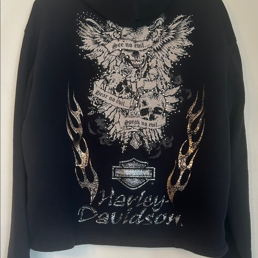 Upcycled bejeweled skull cross patched Harley Davidson motorcycle biker hoodie